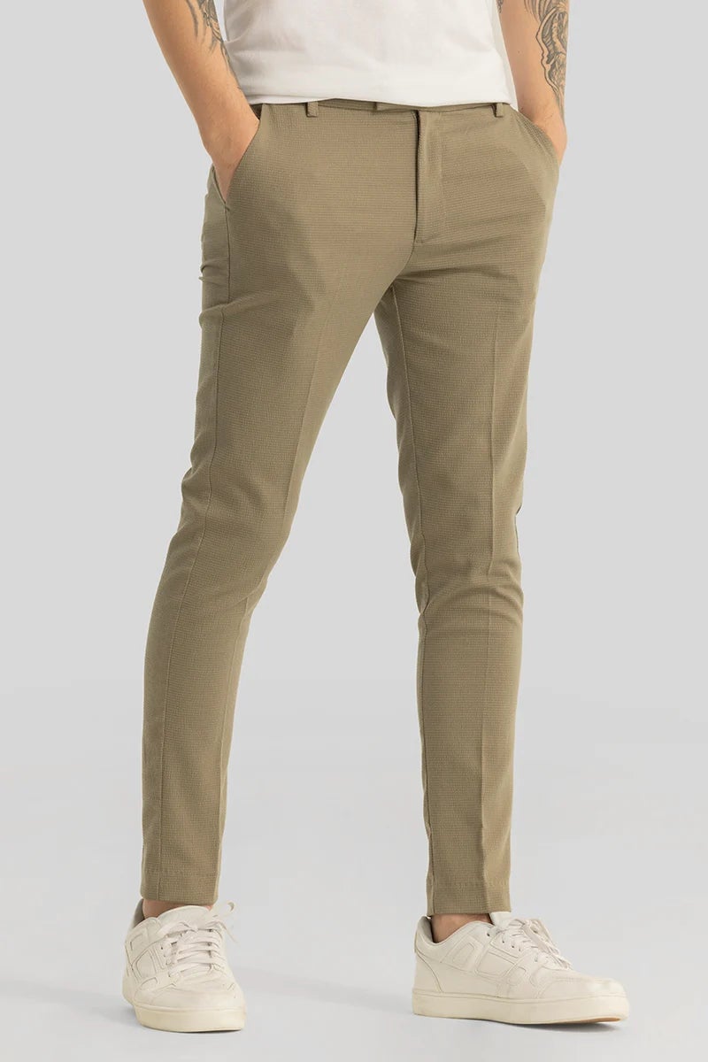 SNITCH Yann Khaki Plain Slim Fit Trousers - Image 5